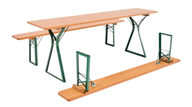A beer tent set is being assembled A Comfort beer tent set with legroom in pine finish is being assembled.