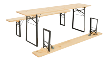 Assembly beer tent set natural with black frame Set up of a classic beer tent set natural wood color with a black frame.