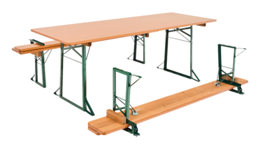 Assembly beer tent set pine 75 with backrest The image shows a 75 cm beer tent set in pine and two benches with backrests.