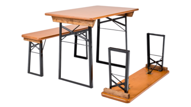 Shorty beer tent set assembly pine The photo shows a short "Shorty" beer bench set in pine color.
