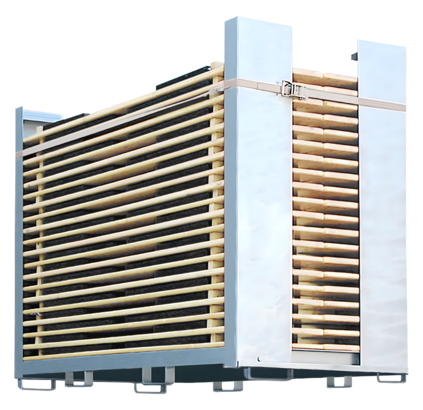 Transport container including beer garden table sets in natural finish.