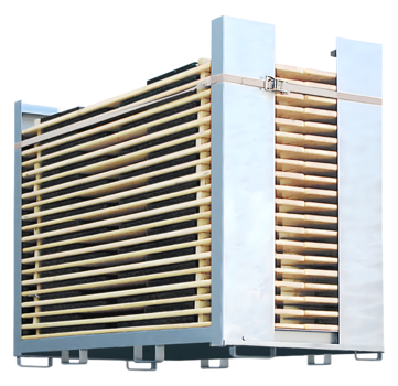 Transport container including beer garden table sets in natural finish.