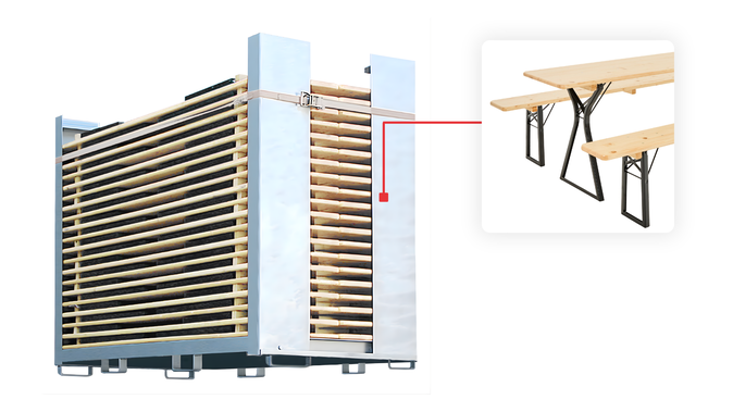 Transport container including 20 Comfort beer garden table sets in natural finish.