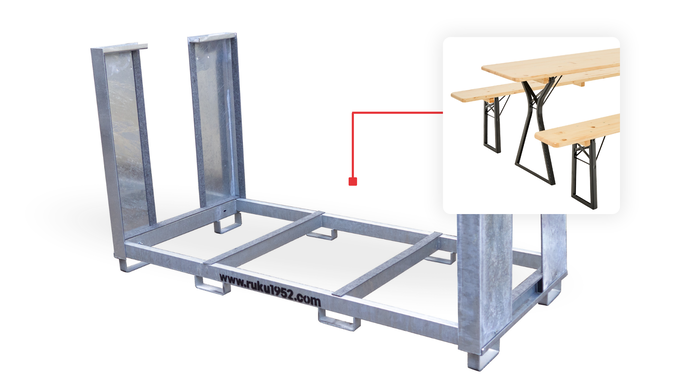 Transportgestell inklusive 20 Comfort Bierzeltgarnituren in Natur.