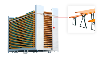 Transport container including 20 Comfort beer garden table sets in ochre.
