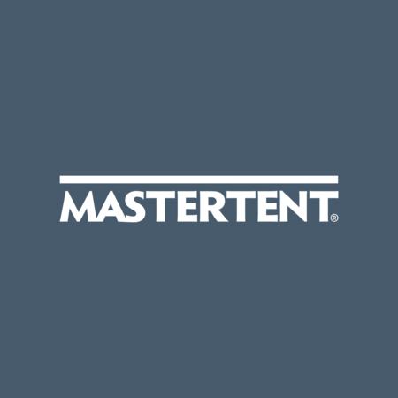 Mastertent Logo Das weiße Mastertent Logo auf blauem Hintergrund.