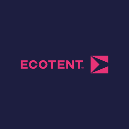 Ecotent Logo Das pinke Ecotent Logo auf blauem Hintergrund.