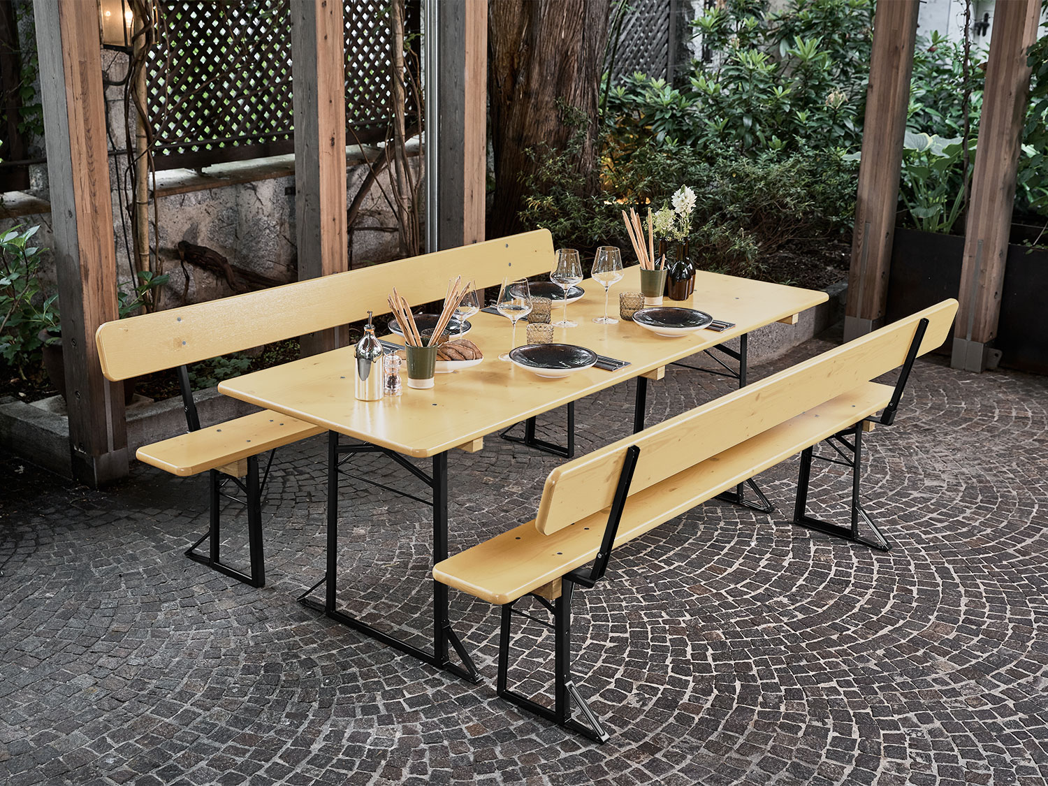 Set da birreria classico con schienale | 220x80 cm | naturale