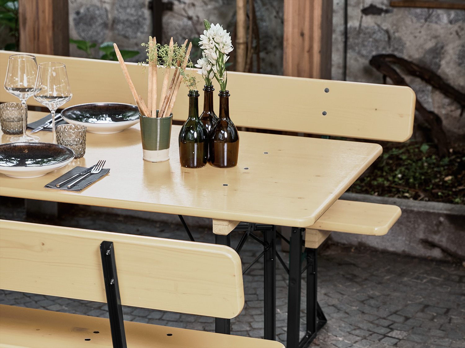 Set da birreria classico con schienale | 220x80 cm | naturale