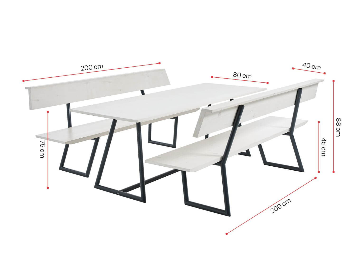 Il set di design Riva è mostrato con le sue dimensioni.