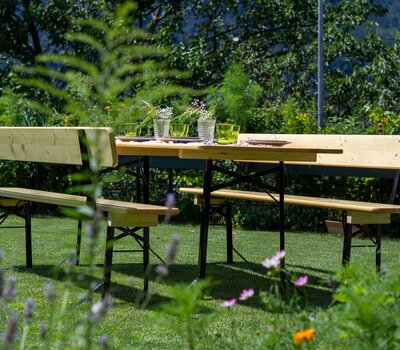 Classic beer tent set in natural wood with black frame, set in a garden with tableware and glasses
