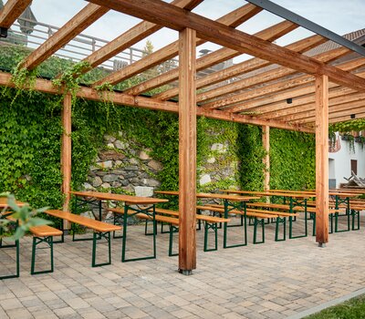 Bierzeltgarnituren Classic im Außenbereich Classic Bierzeltgarnituren in der Farbe Ocker stehen im Außenbereichs des Restaurants Gugger.