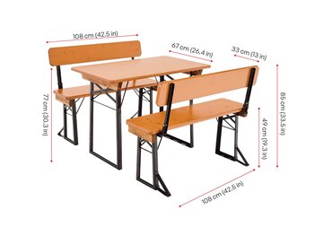 Shorty beer garden table set with backrest is shown with its dimensions in pine.