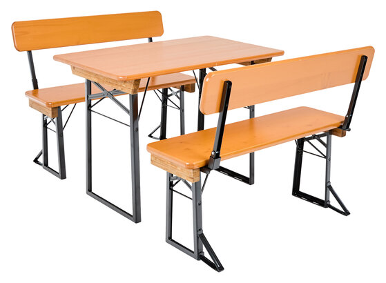 A beer tent set model “Shorty” with backrest consisting of a beer table and two beer benches.