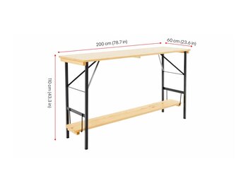 Maße des Stehtisches 200x60 mit Fußbrett | Natur Der Stehtisch 200x60 mit Fußbrett wird mit seinen Maßen in Natur dargestellt.