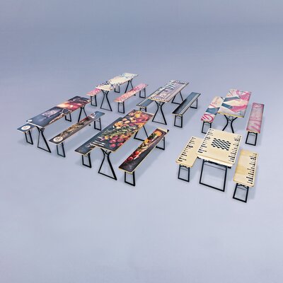 The photo shows six different fully custom printed beer tent sets.