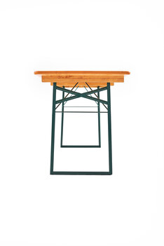 Vista frontale di un classico tavolo da birreria con struttura verde.