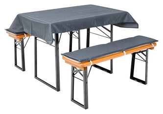 One beer table with tablecloth and two beer benches with bench cushions.