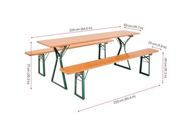 Auf dem Foto sieht man die Maße der Comfort Bierzeltgarnitur mit Beinfreiheit in der Farbe Kiefer.
