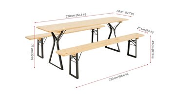 Das Foto zeigt die Maße einer Comfort Bierzeltgarnitur mit Beinfreiheit in der Farbe Natur.