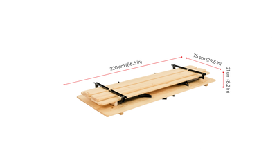 Dimensions of a wide beer tent set with backrest in natural color The picture shows a folded wide beer tent set with a backrest in natural color with dimensions.