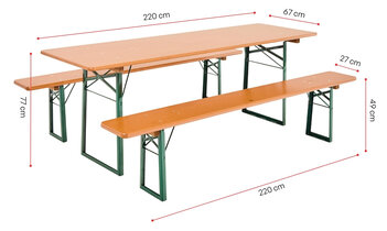 Eine klassische Bierzeltgarnitur wird mit ihren Maßen in Kiefer dargestellt.