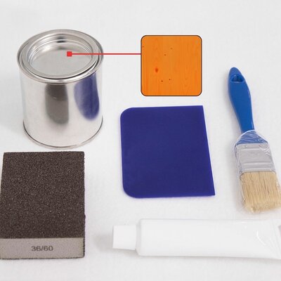 The image shows the contents of a repair kit for an orange beer tent set.