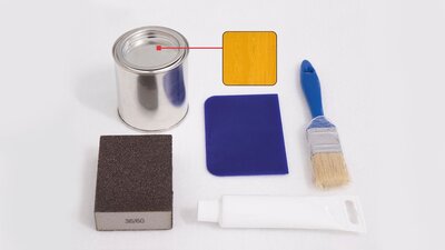 The image shows the contents of a repair kit for a beer tent set in pine finish.