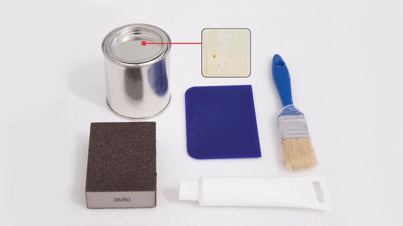 The image shows the contents of a repair kit for a beer table set in the natural wood finish.