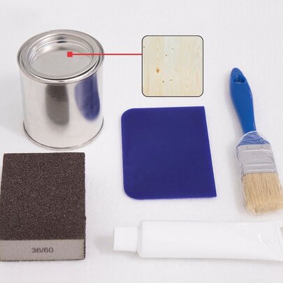 The image shows the contents of a repair kit for a beer table set in the natural wood finish.