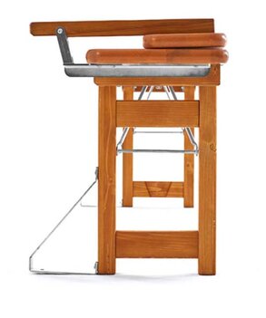 The front view of the folded Rustica beer bench with backrest.