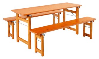 Designgarnitur Rustica Die Designgarnitur Rustica bestehend aus Tisch und zwei Bänken ohne Lehne.