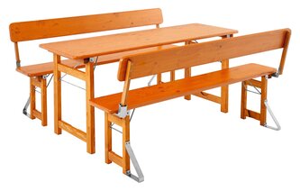 Designgarnitur Rustica mit Lehne Die Designgarnitur Rustica bestehend aus Tisch und zwei Bänken mit Lehne.