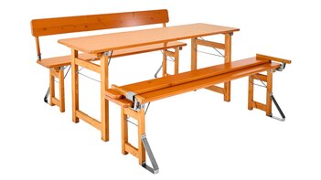The picture shows a Rustica design set with backrest. The backrest of one bench is folded down.