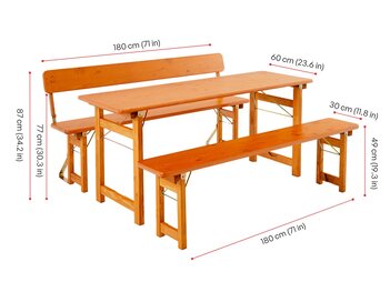 Design set Rustica (spruce) with backrest is presented with its dimensions.