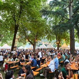 Klassische Bierzeltgarnituren auf dem Street Food Festival Die Besucher des Street Food Festivals haben auf den klassischen Bierzeltgarnituren Platz genommen.