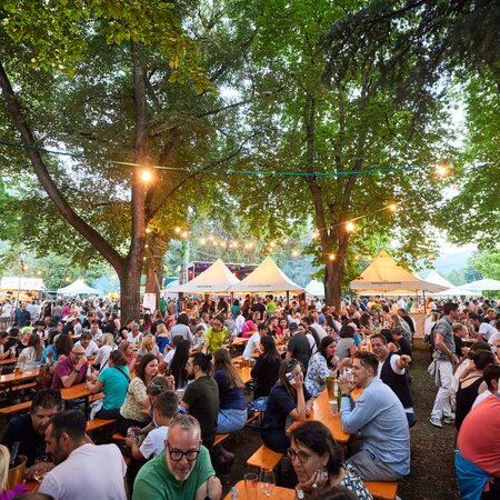 Visitors to the Street Food Festival have taken their seats on the classic beer garden table sets.